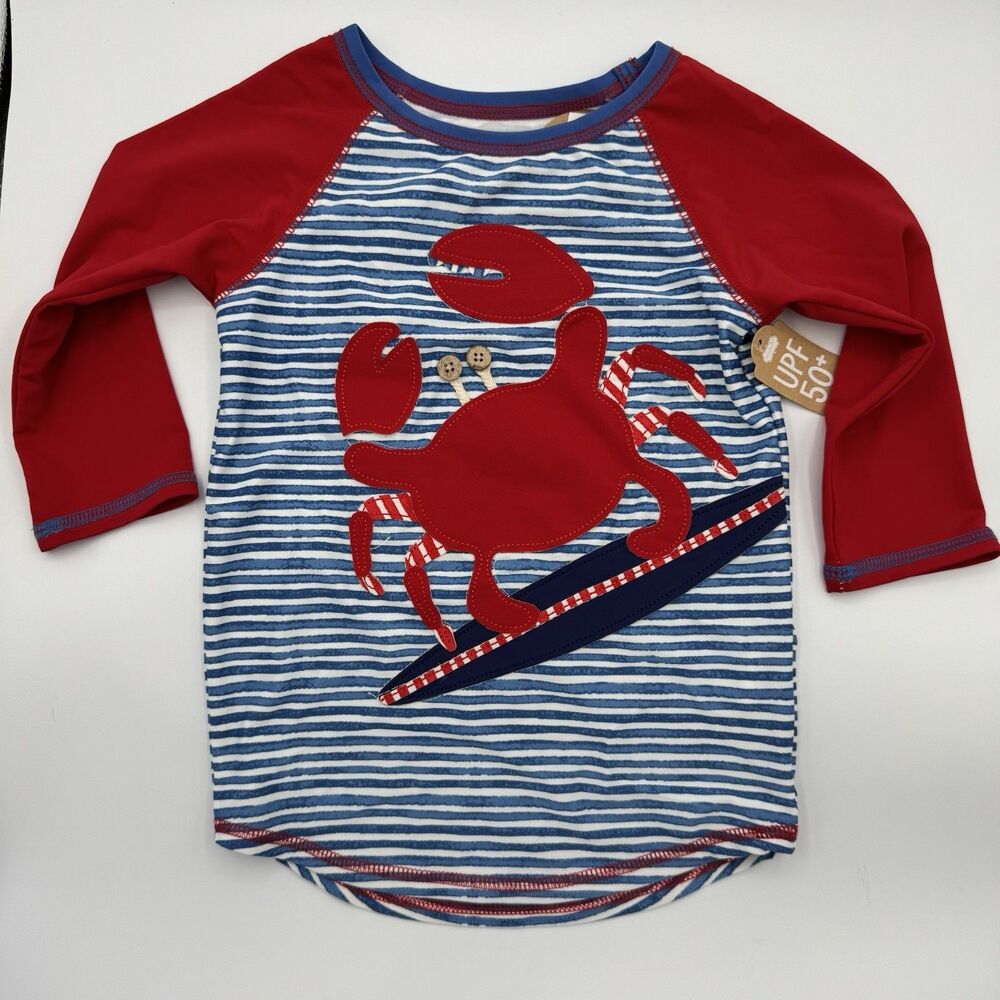 NWT Mud Pie Boathouse Crab Boys Blue Rashguard Swim Shirt Large 4T/5T